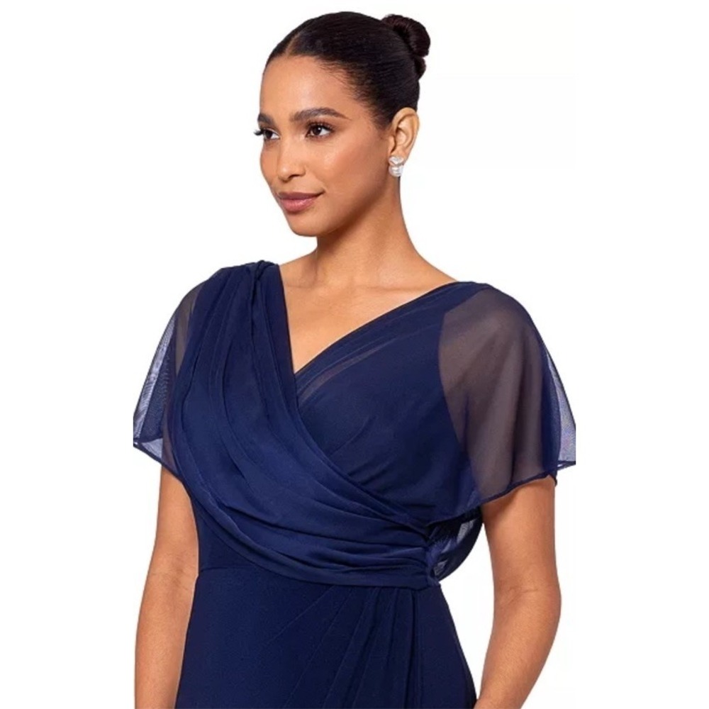 Betsy & Adam Navy Blue Draped-Mesh V-Neck Sheath Dress Sz 4 Mother of the Bride - Picture 3 of 14